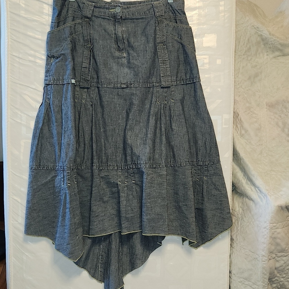 2026 Deux Mille Vingt Six  chambray assymetrical hem midi skirt waist 32"